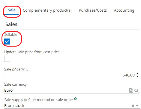 1.1. On a product file, check Sellable box in a Sales tab in order to mark the product as sellable.